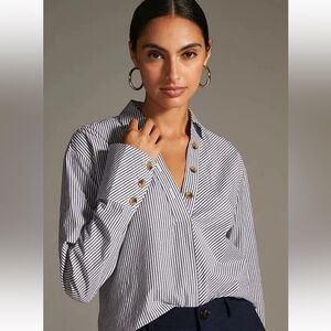 Anthropologie Maeve Striped Henley Popover Blouse Button Detail Size Small